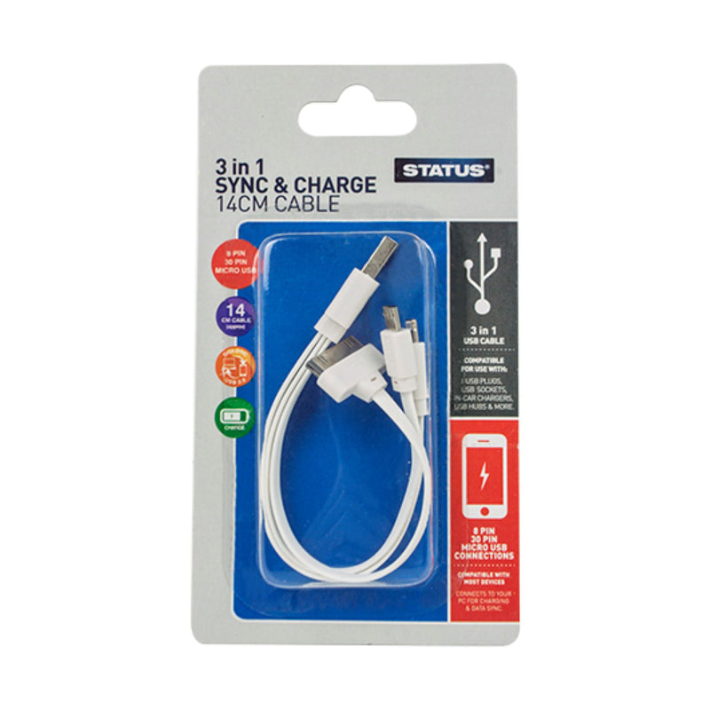 3-in-1 (8 Pin, 30 Pin and Micro USB) Sync and Charge Cable 14cm