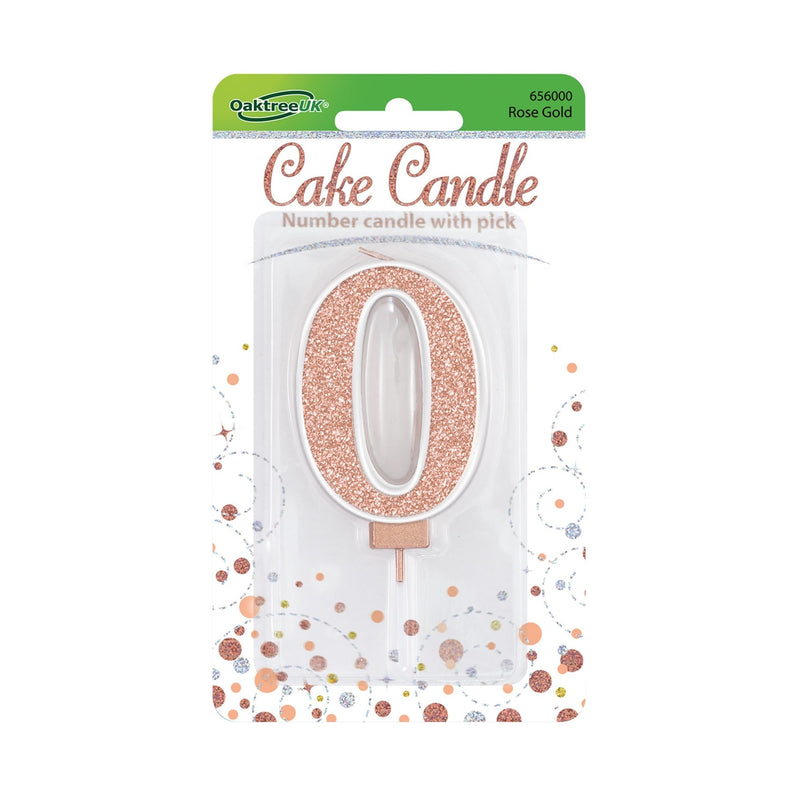 Glitter Cake Candle Rose Gold Number 0