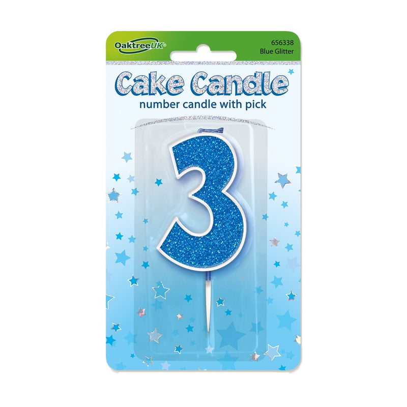 Glitter Cake Candle Blue Number 3