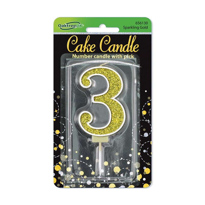 Glitter Cake Candle Gold Number 3