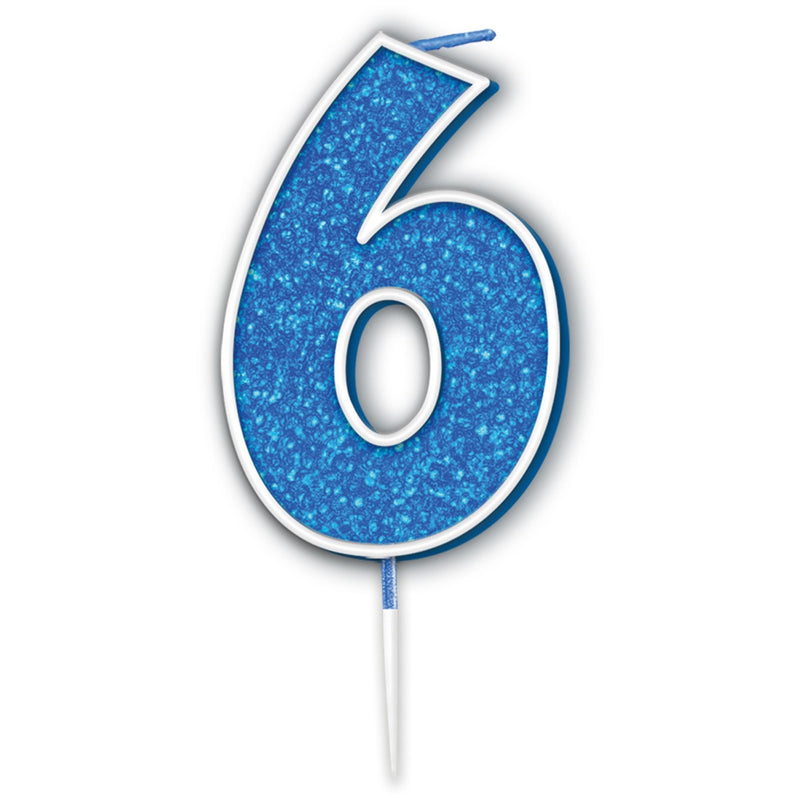 Glitter Cake Candle Blue Number 6