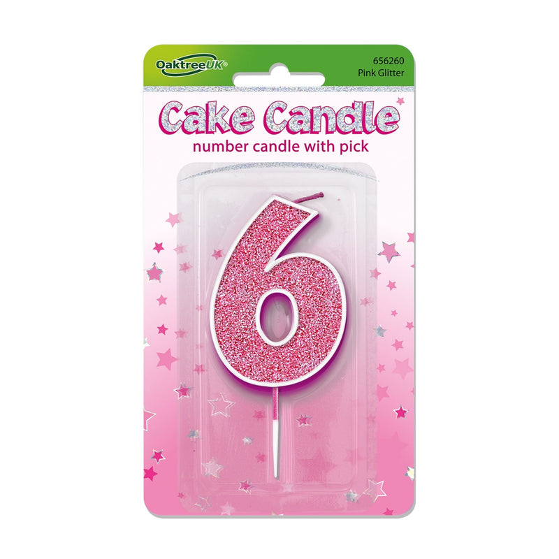 Glitter Cake Candle Pink Number 6