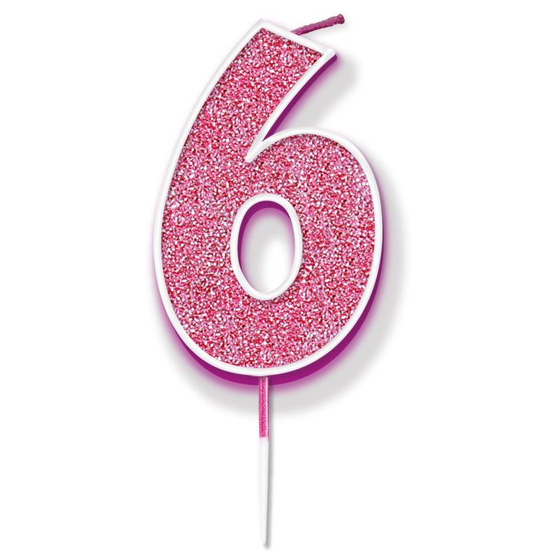 Glitter Cake Candle Pink Number 6