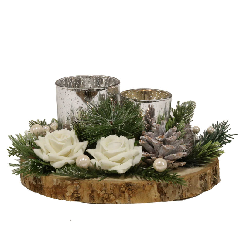 White Floral Christmas Double Tealight Candle Holder 21cm