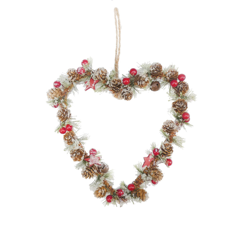Pine Cone and Berry Frosted Heart 23cm