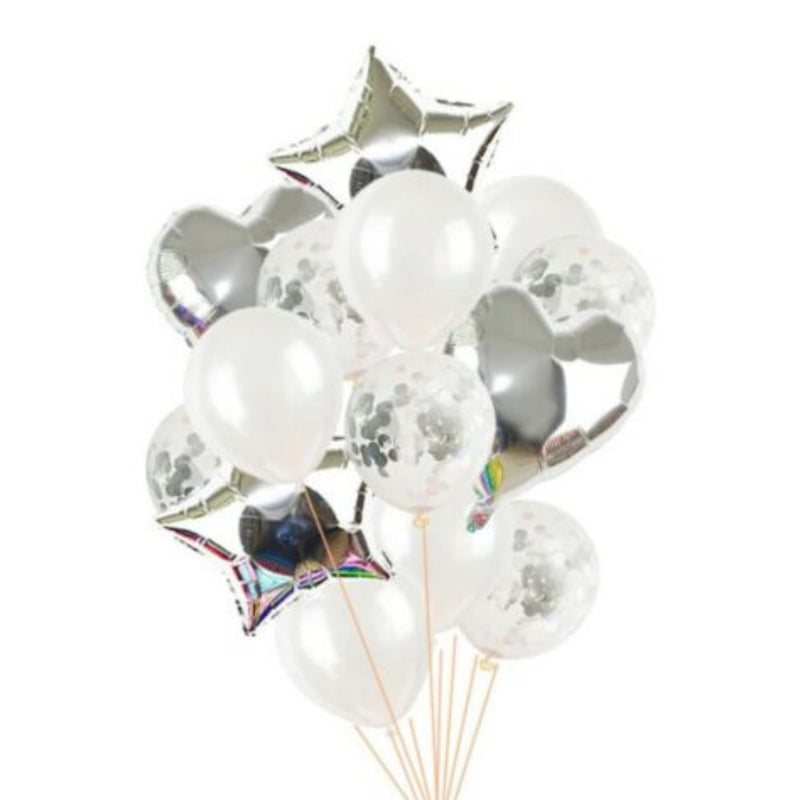 Confetti, Foil and Latex Balloons White and Silver