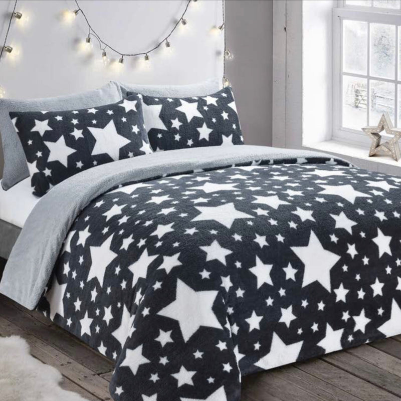 Galaxy Stars Grey Teddy Fleece Duvet Set