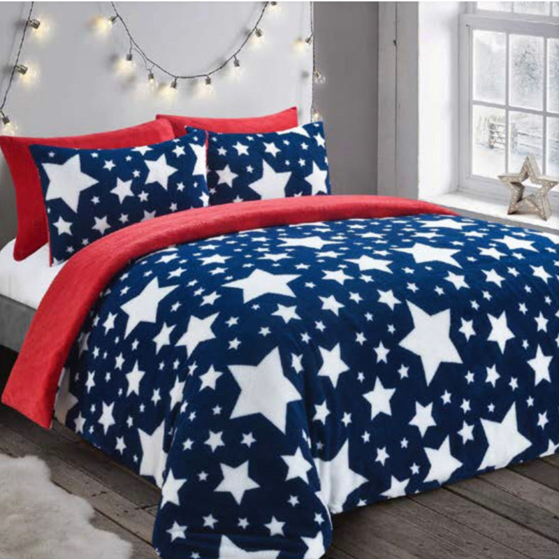 Galaxy Stars Navy and Red Teddy Fleece Duvet Set