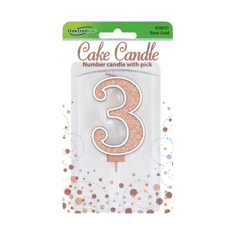 Glitter Cake Candle Rose Gold Number 3
