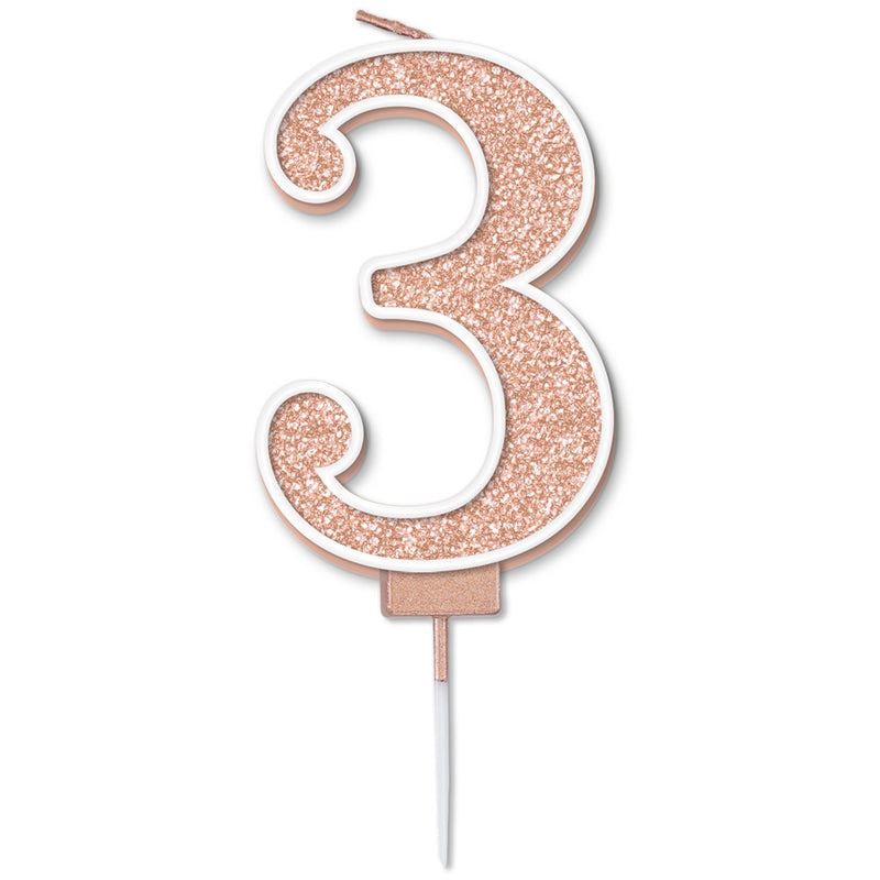 Glitter Cake Candle Rose Gold Number 3