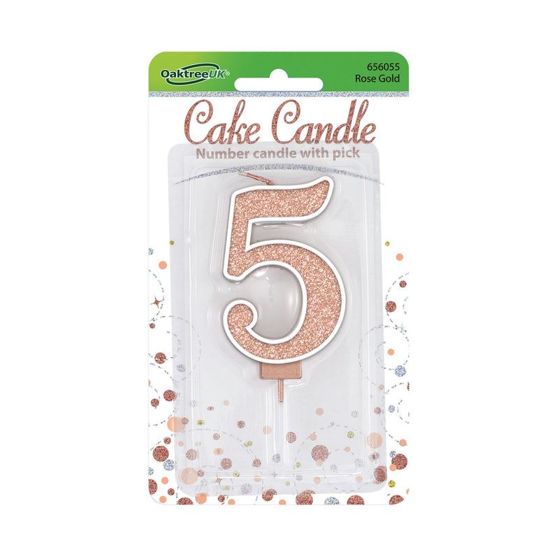 Glitter Cake Candle Rose Gold Number 5