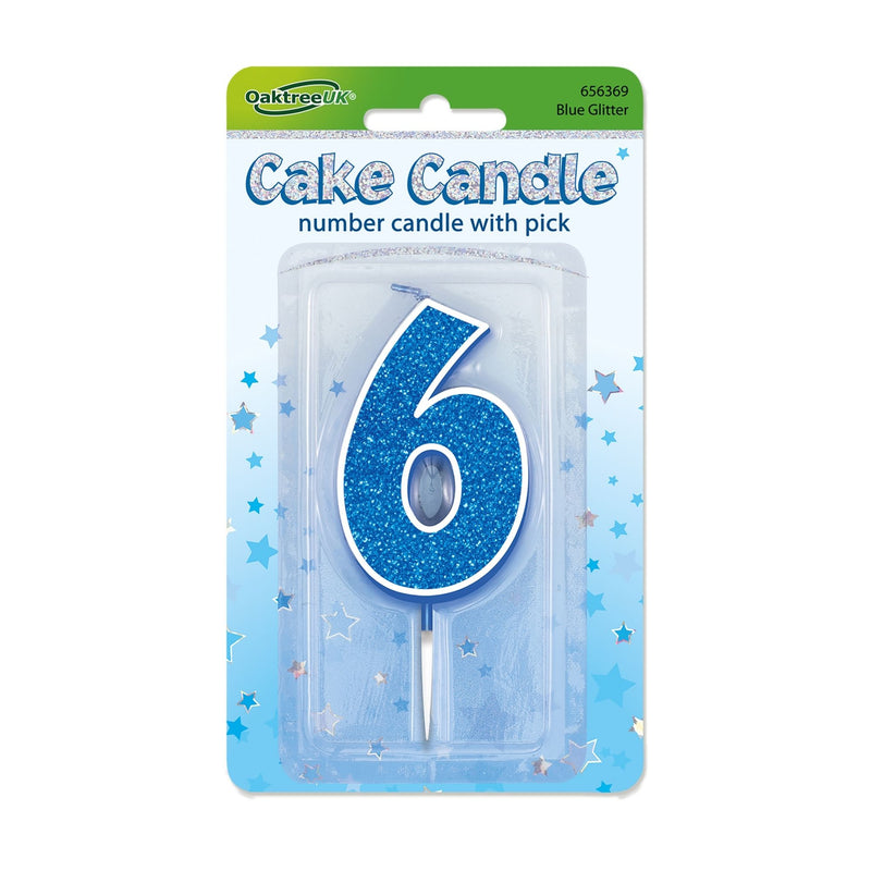 Glitter Cake Candle Blue Number 6