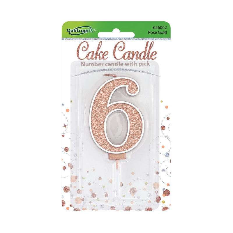 Glitter Cake Candle Rose Gold Number 6