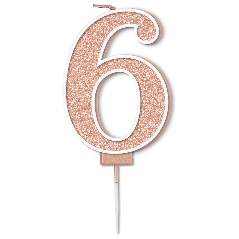 Glitter Cake Candle Rose Gold Number 6