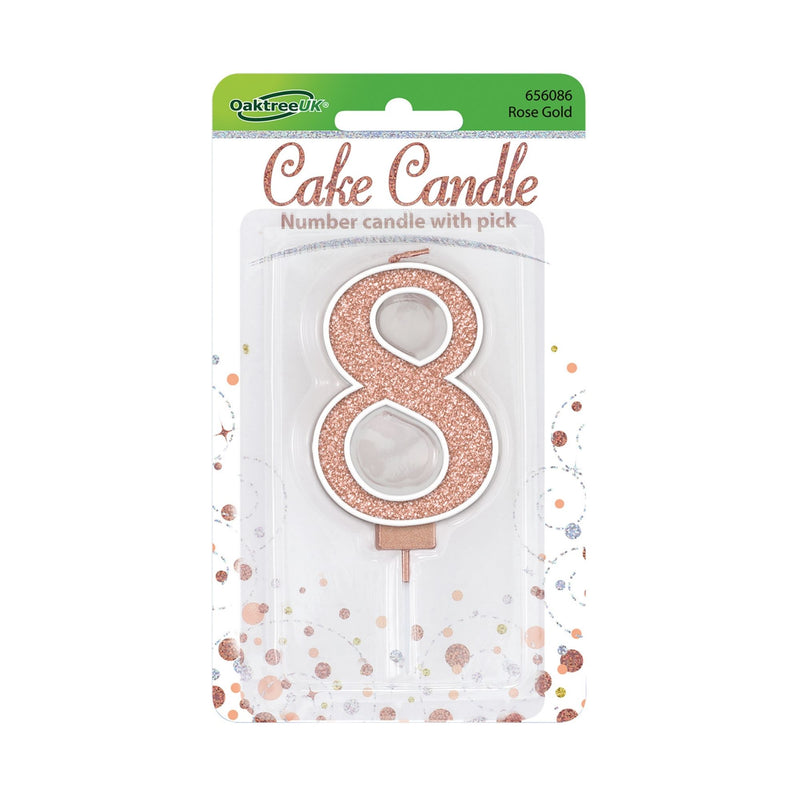 Glitter Cake Candle Rose Gold Number 8