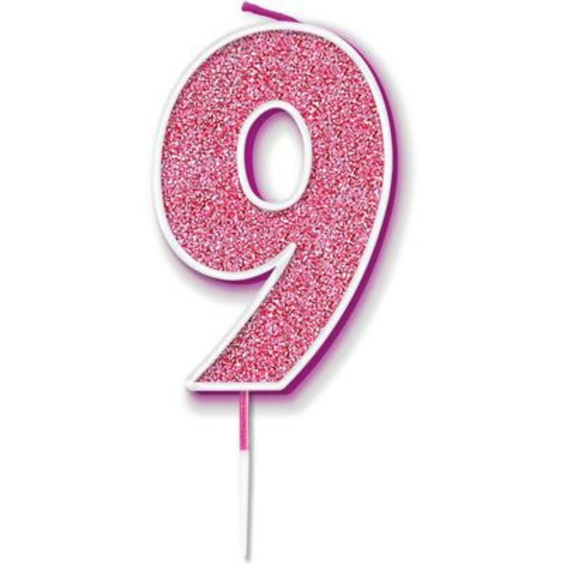 Glitter Cake Candle Pink Number 9