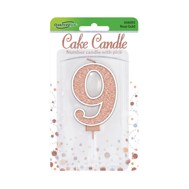Glitter Cake Candle Rose Gold Number 9