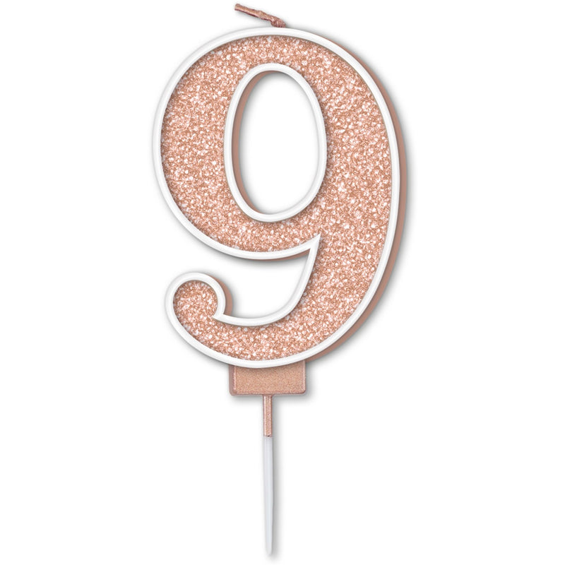 Glitter Cake Candle Rose Gold Number 9