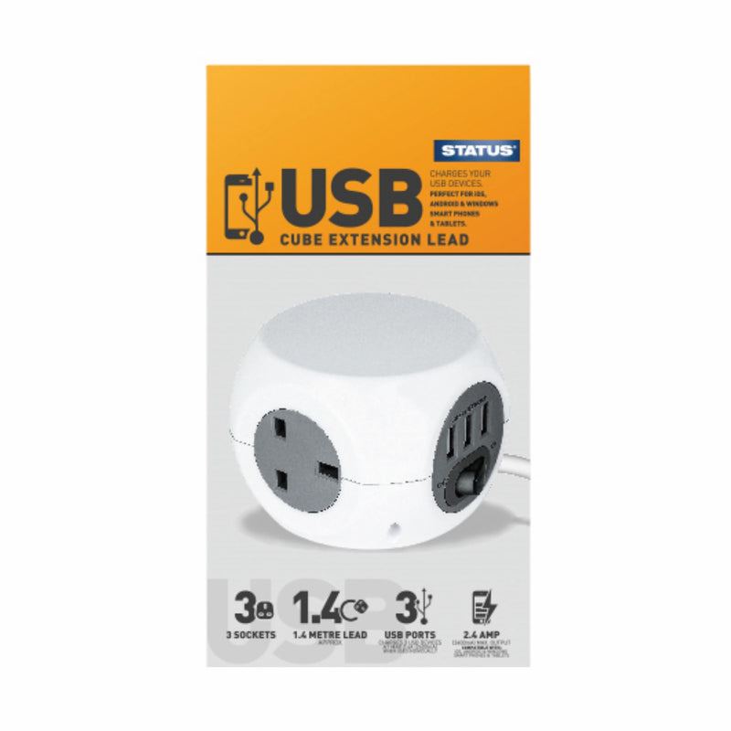 3 Way USB Cube Socket With 3 USB Ports White