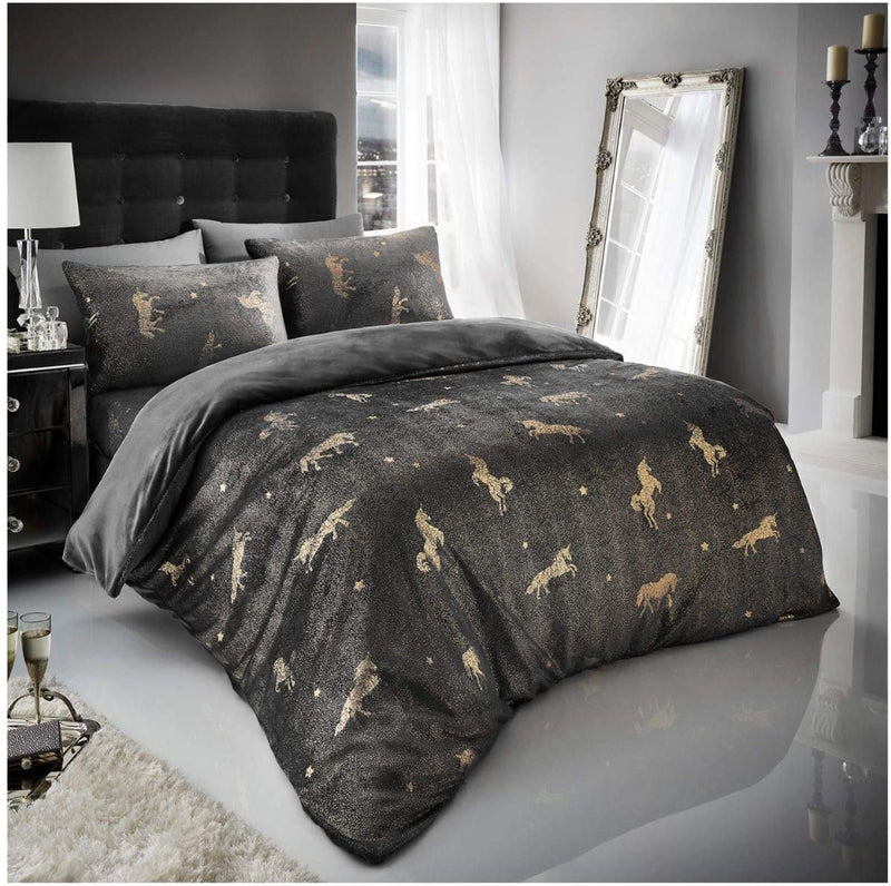 Luxury Metallic Unicorn Velvet Touch Fleece Duvet Set Charcoal