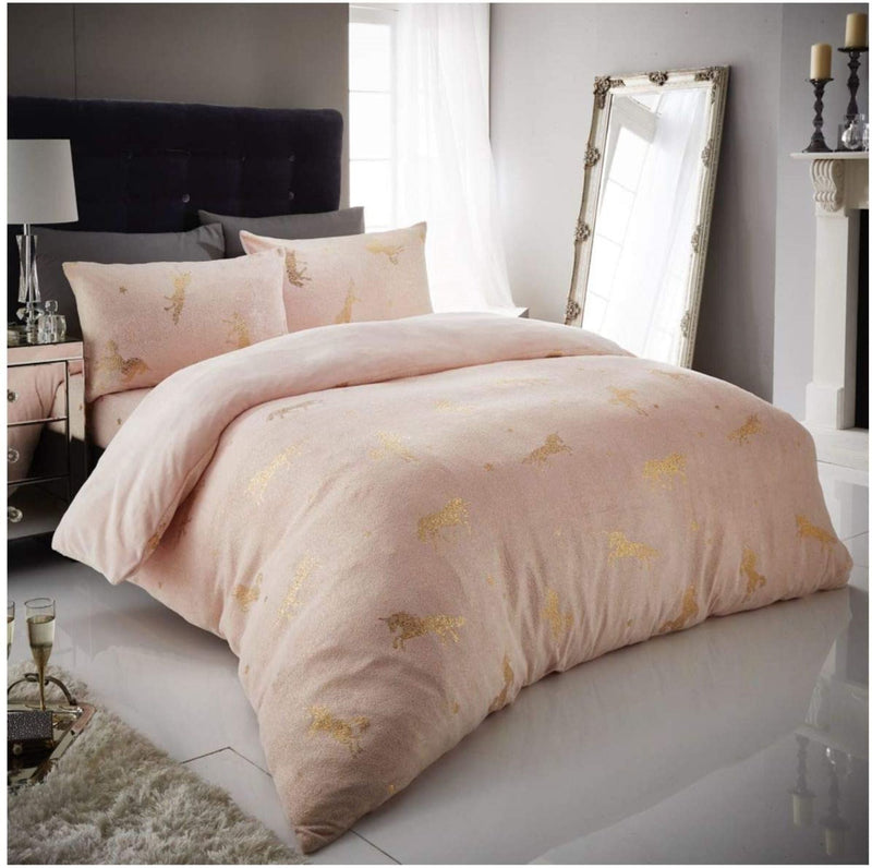 Luxury Metallic Unicorn Velvet Touch Fleece Duvet Set Pink