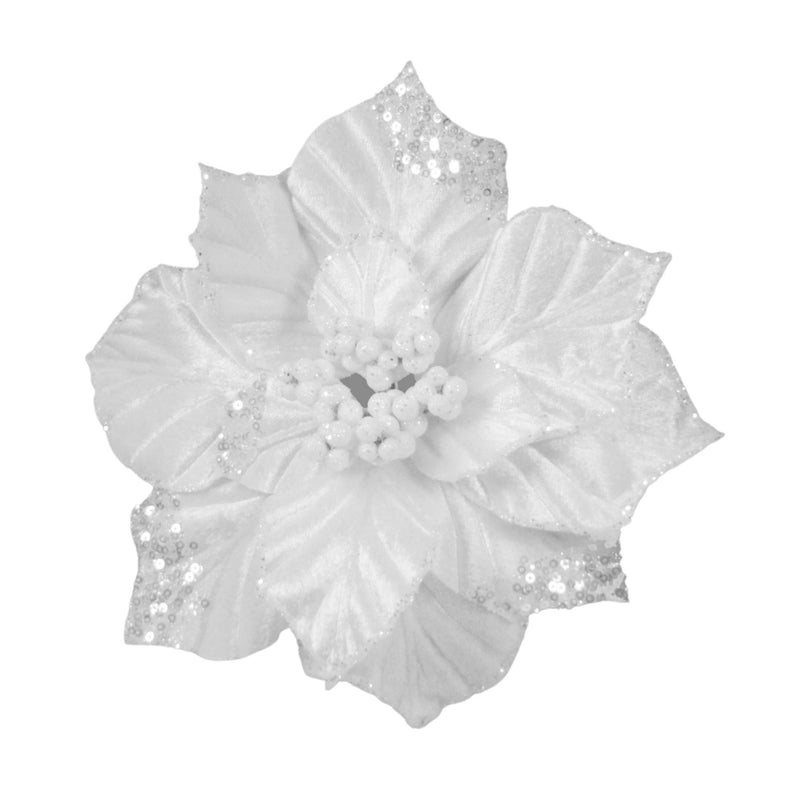 Velvet Clip On Poinsettia White 22cm